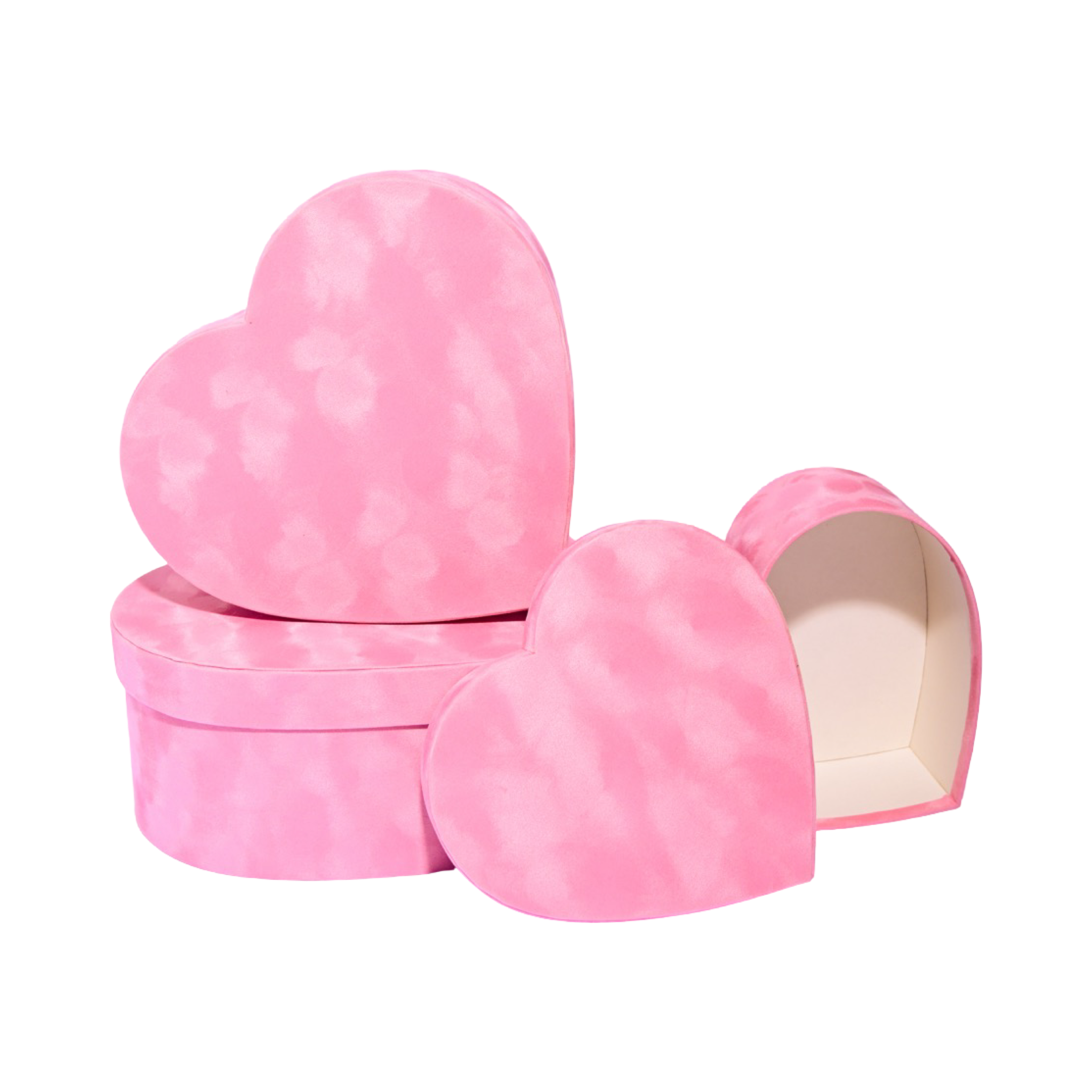 Pink Heart Velvet Box - Set of 3, Flower/Gift Boxes with Lids