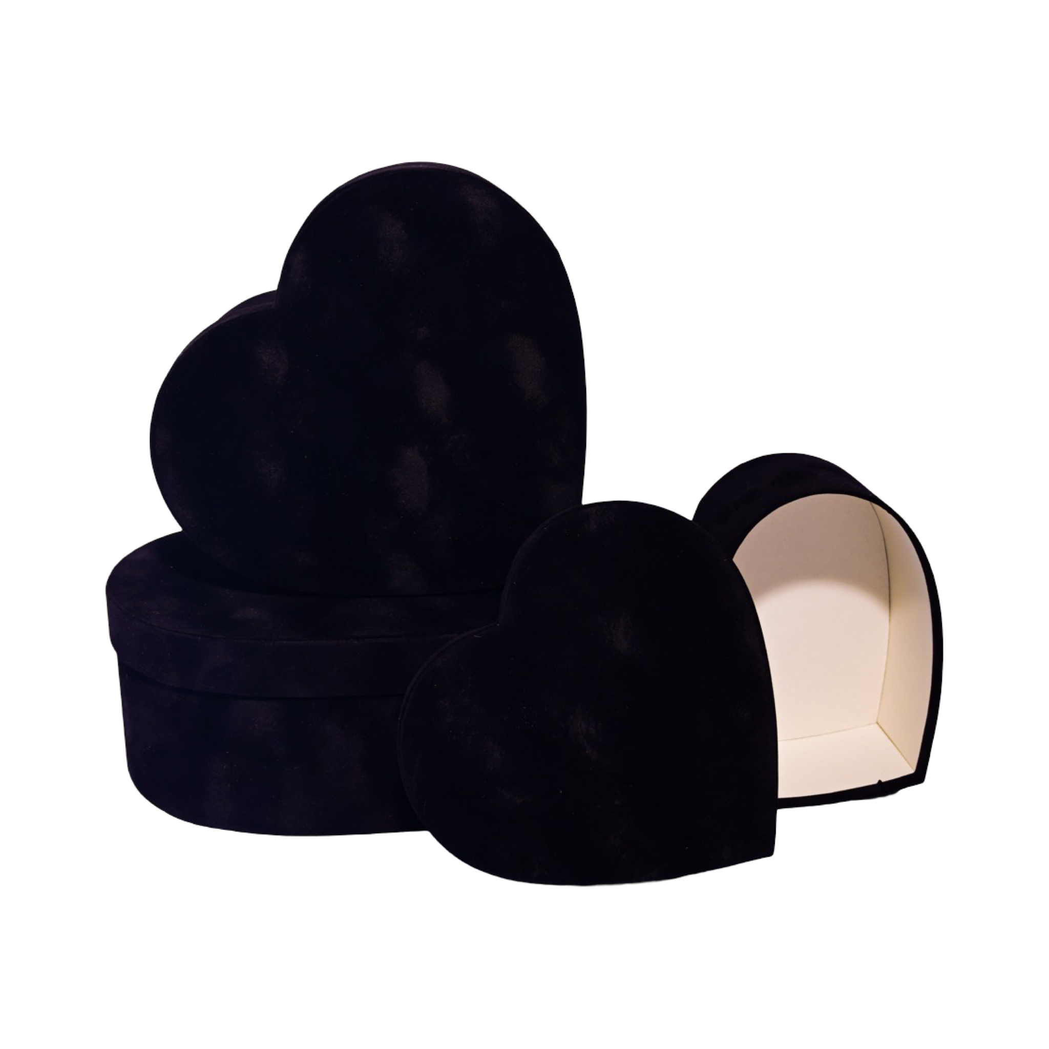 Black Heart Velvet Box - Set of 3, Flower/Gift Boxes with Lids