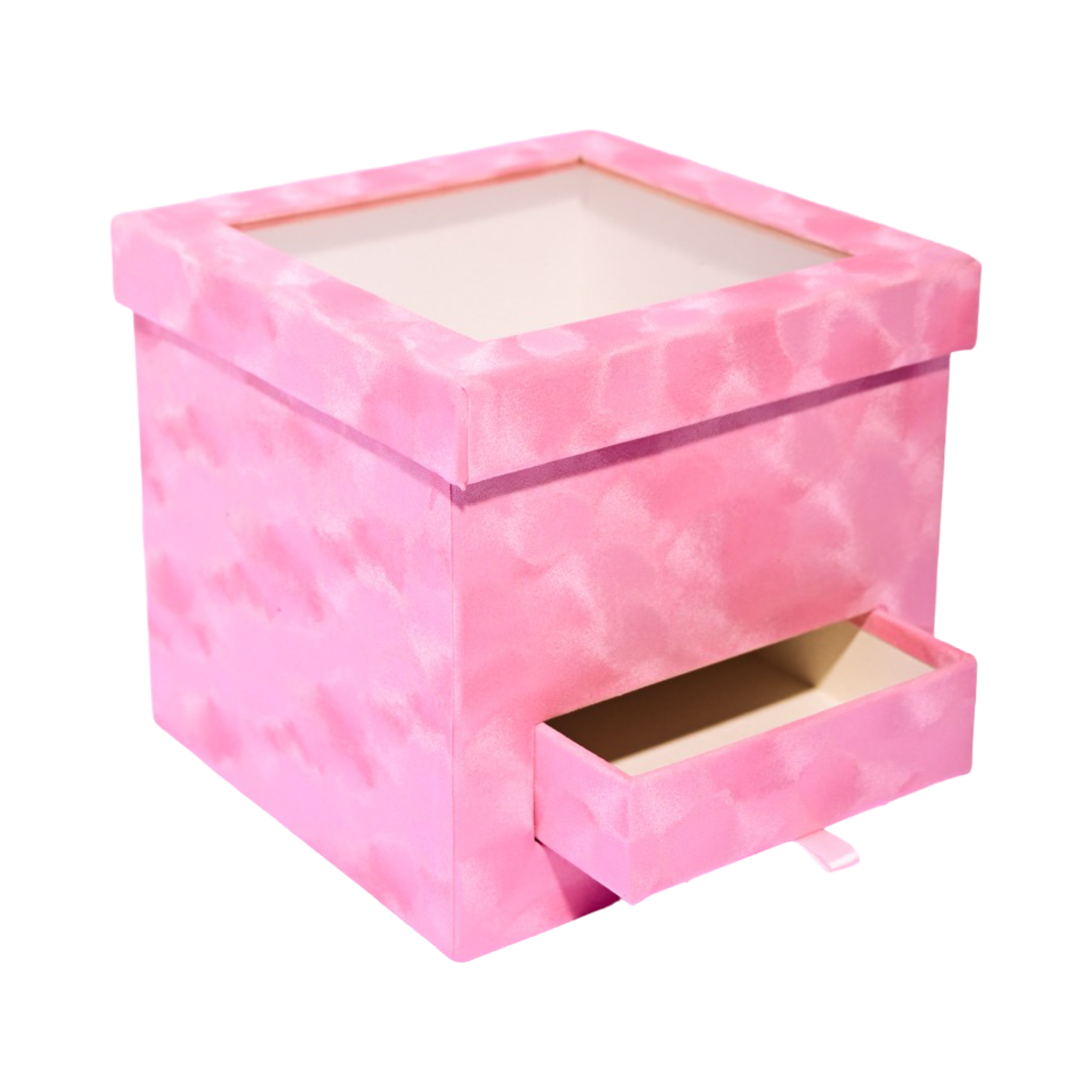 Square - Pink Velvet Box with Surprise Drawer